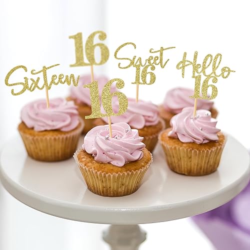Miniatura 2 de 48 piezas de decoración para cupcakes de 16 cumpleaños con purpurina Sweet 16 Hello 16, decoración de pastel de dieciséis años para niños y niñas,