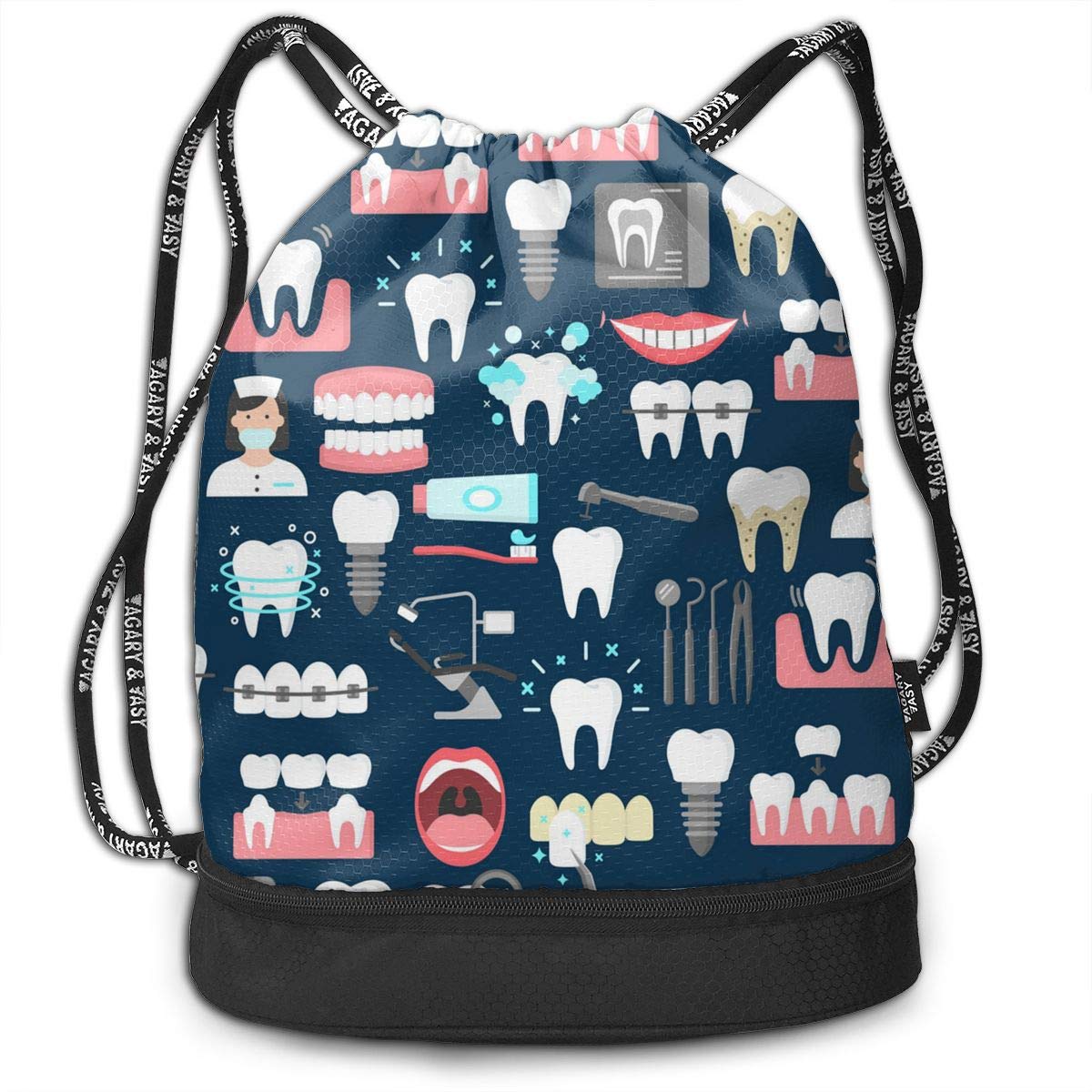 Men & Women Premium Polyester Drawstring Backpack Dental Seamless Pattern Gymsack Theft Proof Lightweight For Travel Soccer Baseball Bag Large For Camping, Yoga Runner