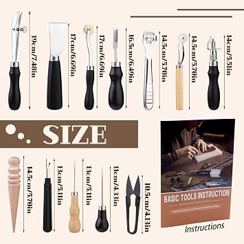 BUTUZE Leather Tooling Kit, Practical Leather Working Tools with Beveler, Groover, Stitching Punch Sewing Thread and Needles - with Roll Bag and Manual