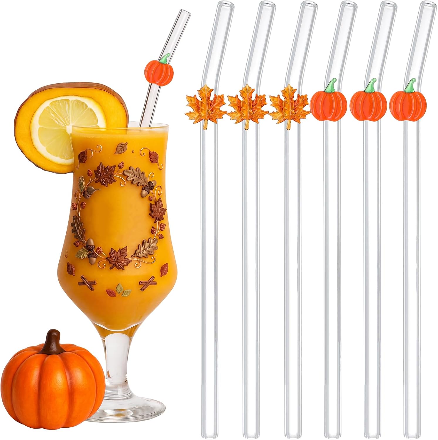 SiliFine 6 Pcs Fall Pumpkin and Maple Leaves Icon Glass Straws 8 in Bent