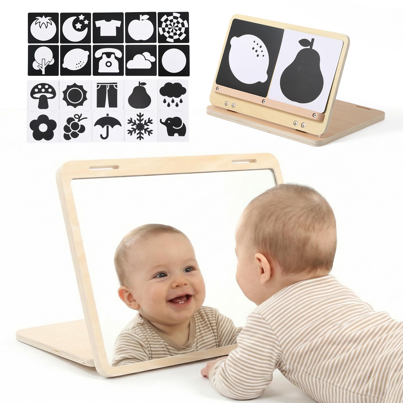 IEATFO Tummy Play Set, Adjustable Angle, Double-Sided Design, Montessori Toys for Tummy Time, Large Secure Baby Mirror and Card Holder with