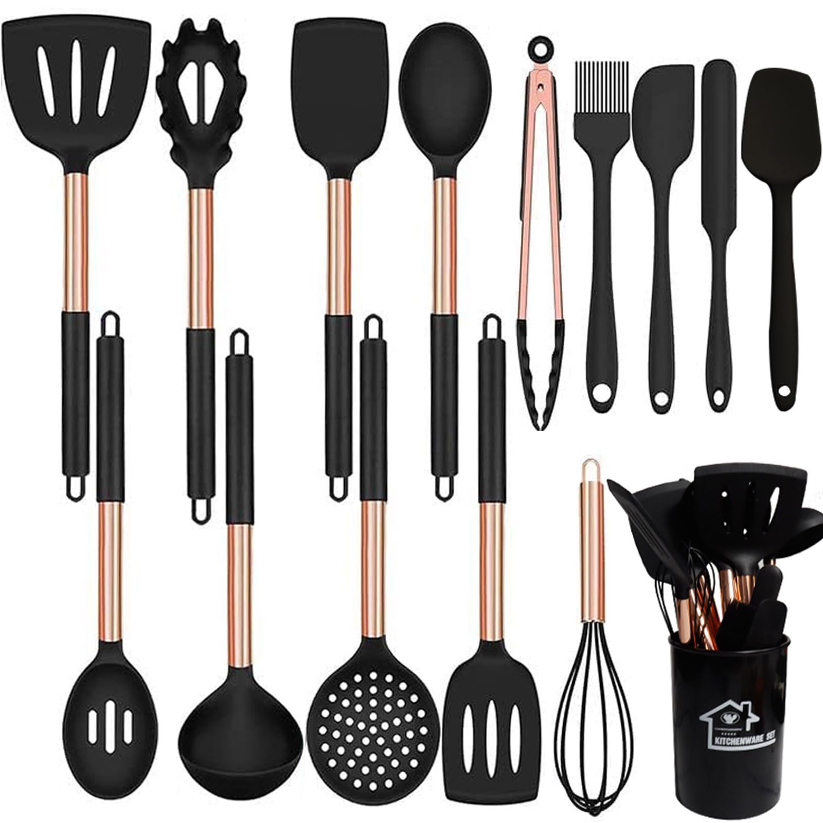 Küchenutensilien-Set, Silikon-Kochutensilien, Silikon-Spatel-Set mit roségoldenem Edelstahlgriff, Küchenwerkzeuge für kratzfestes Antihaft-Kochgeschirr,Black + rose gold,15PCS
