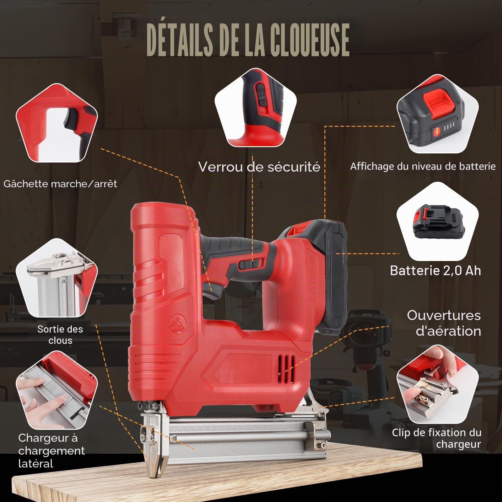 Agrafeuse électrique 18GA 2 en 1, Cloueuse Electrique Sans Fil avec 2000 clous, 2000 agrafes, 21 V 2 x 2,0 A batteries pour menuiserie en bois