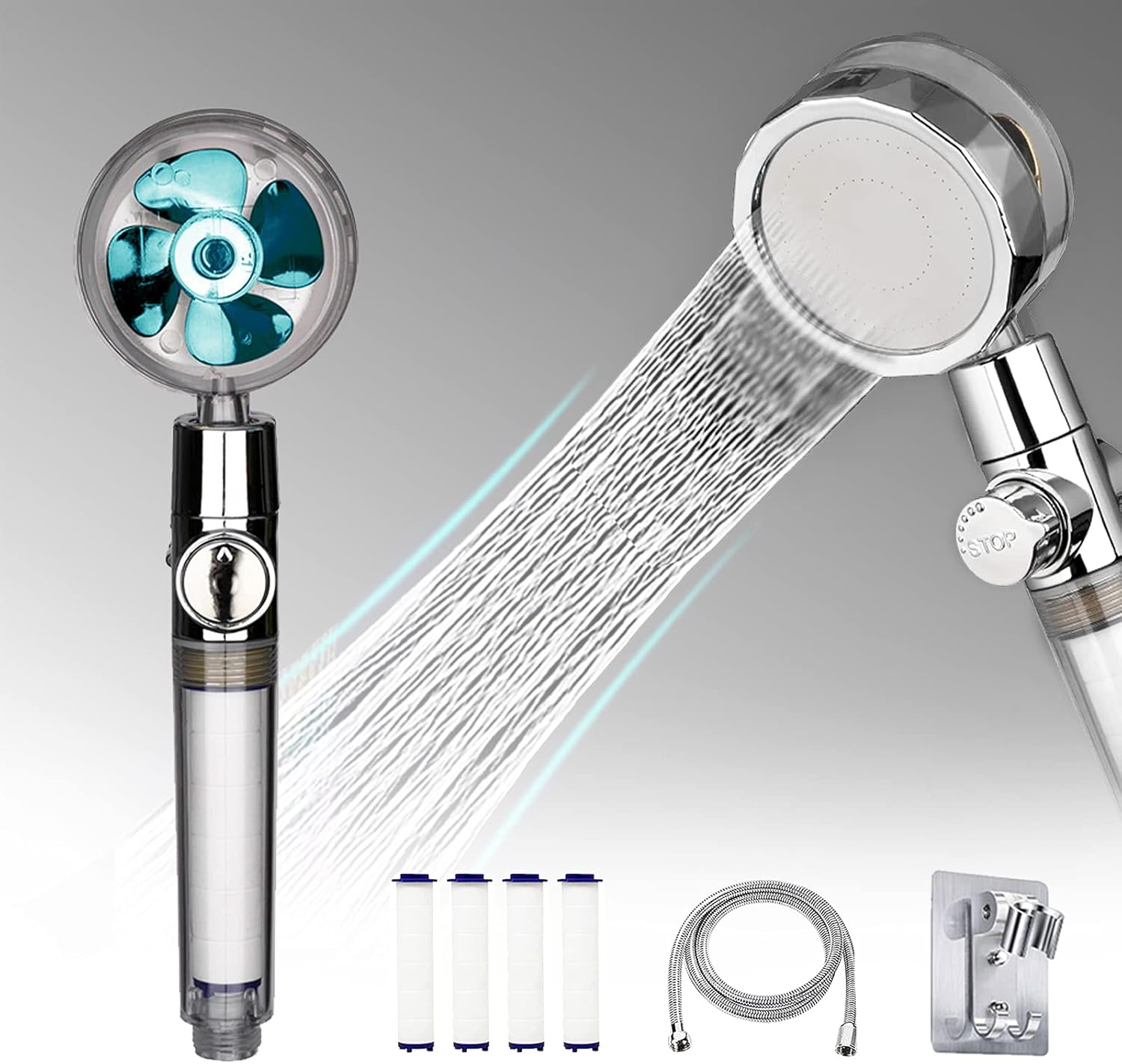 Propeller Driven Shower Head, 360° Rotating Water Saving Shower Head