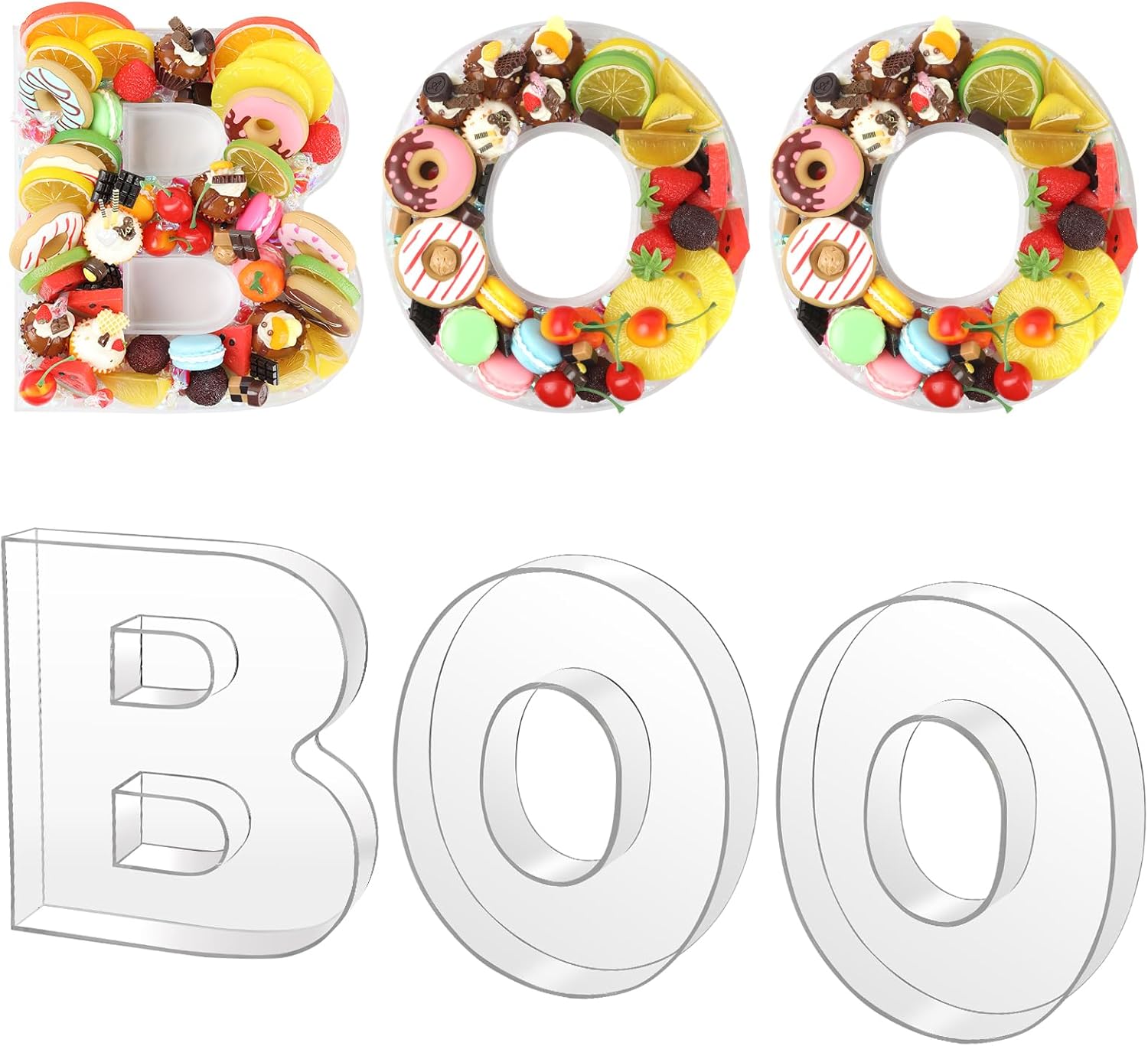 3 Pcs Boo Letters Food Tray, 10" Clear Acrylic Charcuterie Letter Fillable Box, Reusable Board Display for Candy, Snacks & Desserts, Perfect for Weddings, Halloween, Anniversaries & More