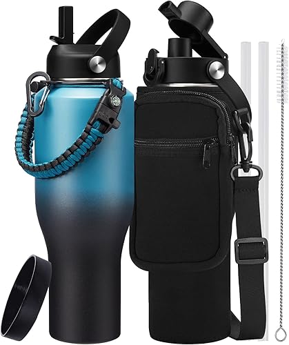 RRYFOUR Vasos aislados de 40 onzas con pajilla, tapa de boquilla automática, botella de agua aislada al vacío que cabe en el portavasos del