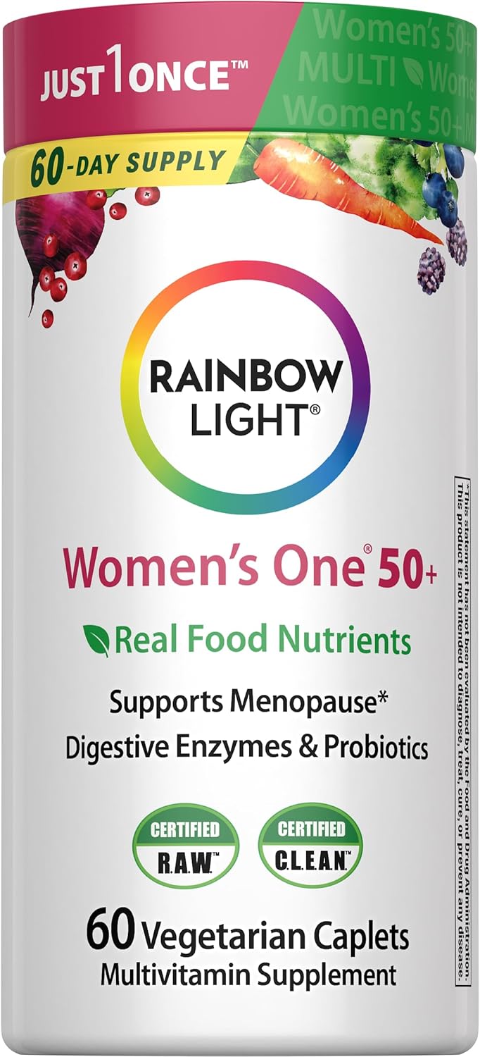 Rainbow Light Womens One + Multivitamin 50 Plus | 60 Caplets | Supports Menopause | Real Food Nutrients, Digestive Enzymes & Probiotics