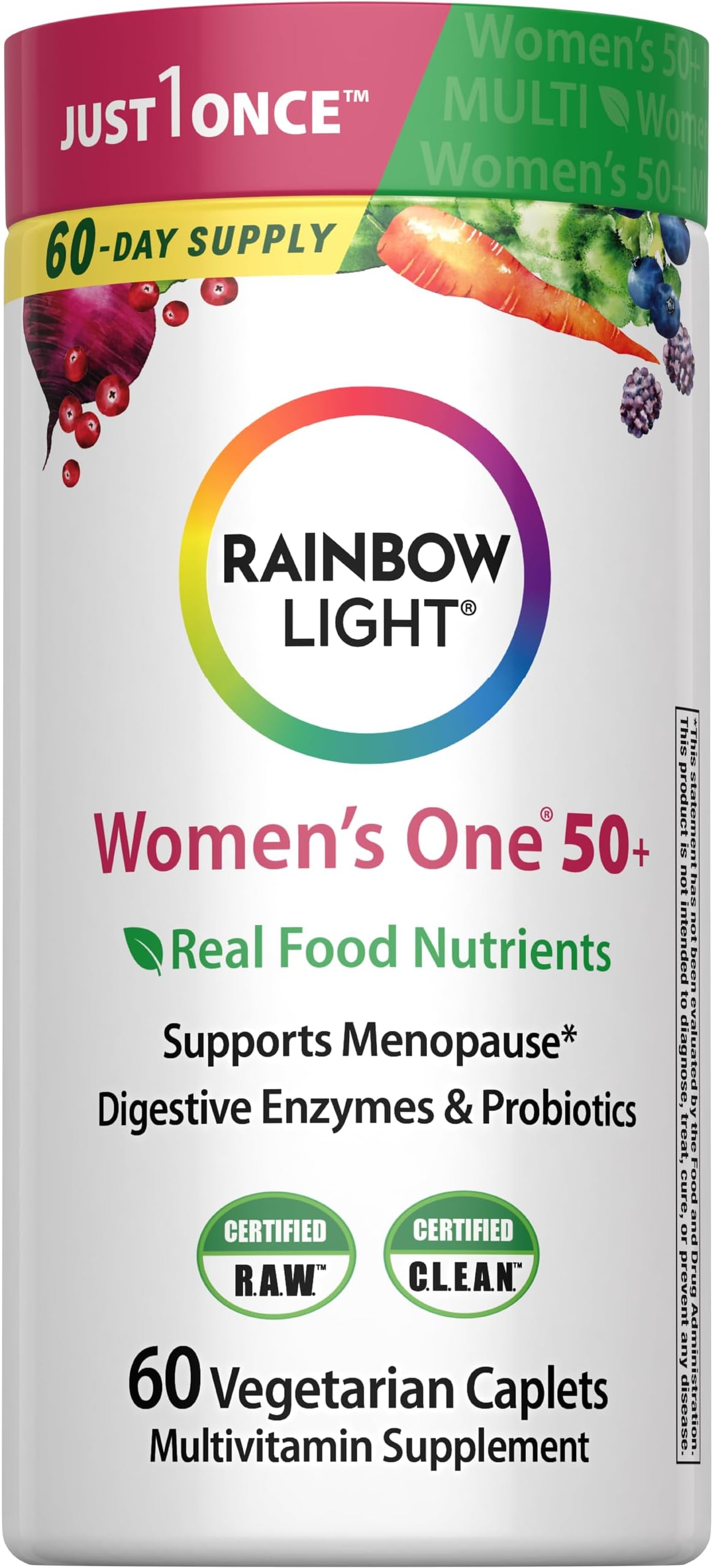 Womens One + Multivitamin 50 Plus | 60 Caplets | Supports Menopause | Real Food Nutrients, Digestive Enzymes & Probiotics