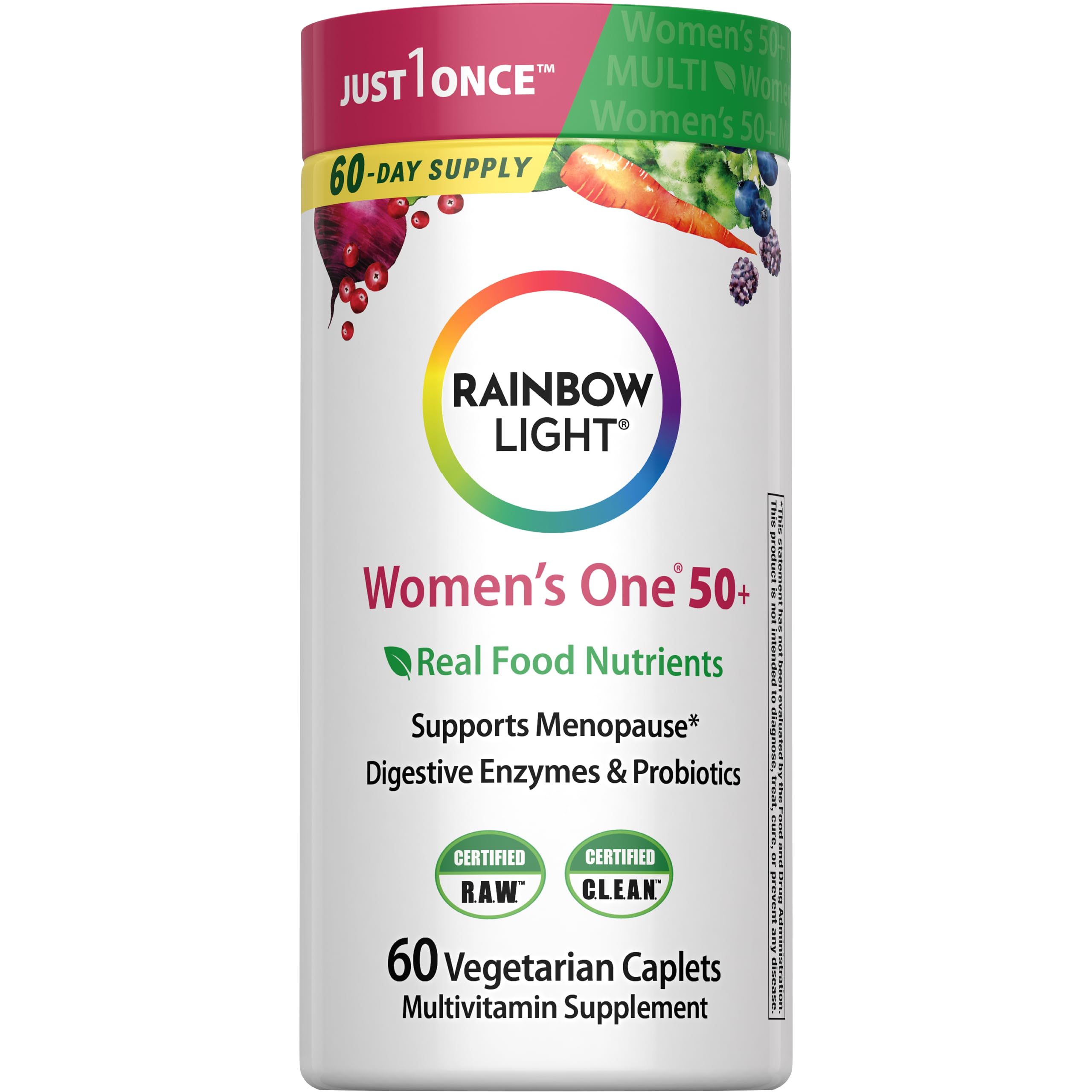 Multivitamínico Rainbow Light para mujeres mayores de 50 años, con vitaminas C, D y zinc, probióticos. El multivitamínico Women's One para mayores de 50 años proporciona un potente refuerzo inmunitario. Sin OGM, apto para vegetarianos. 60 comprimidos.