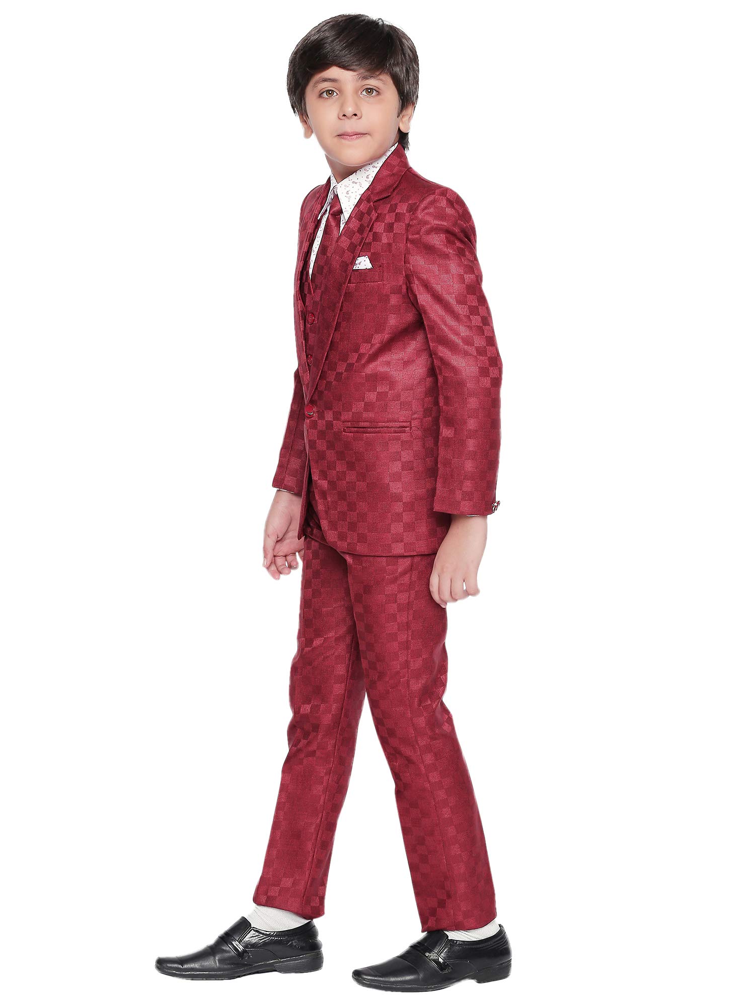 Jeetethnics Boys Maroon Checked Coat Suit Set with Waistcoat Shirt and Trousers (9017NJ)