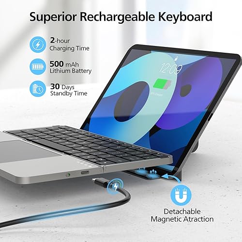 Miniatura 4 de MicroPack - Teclado Bluetooth plegable con panel táctil y soporte, cubierta de piel sintética, batería de 500 mAh. Teclado portátil ultrafino