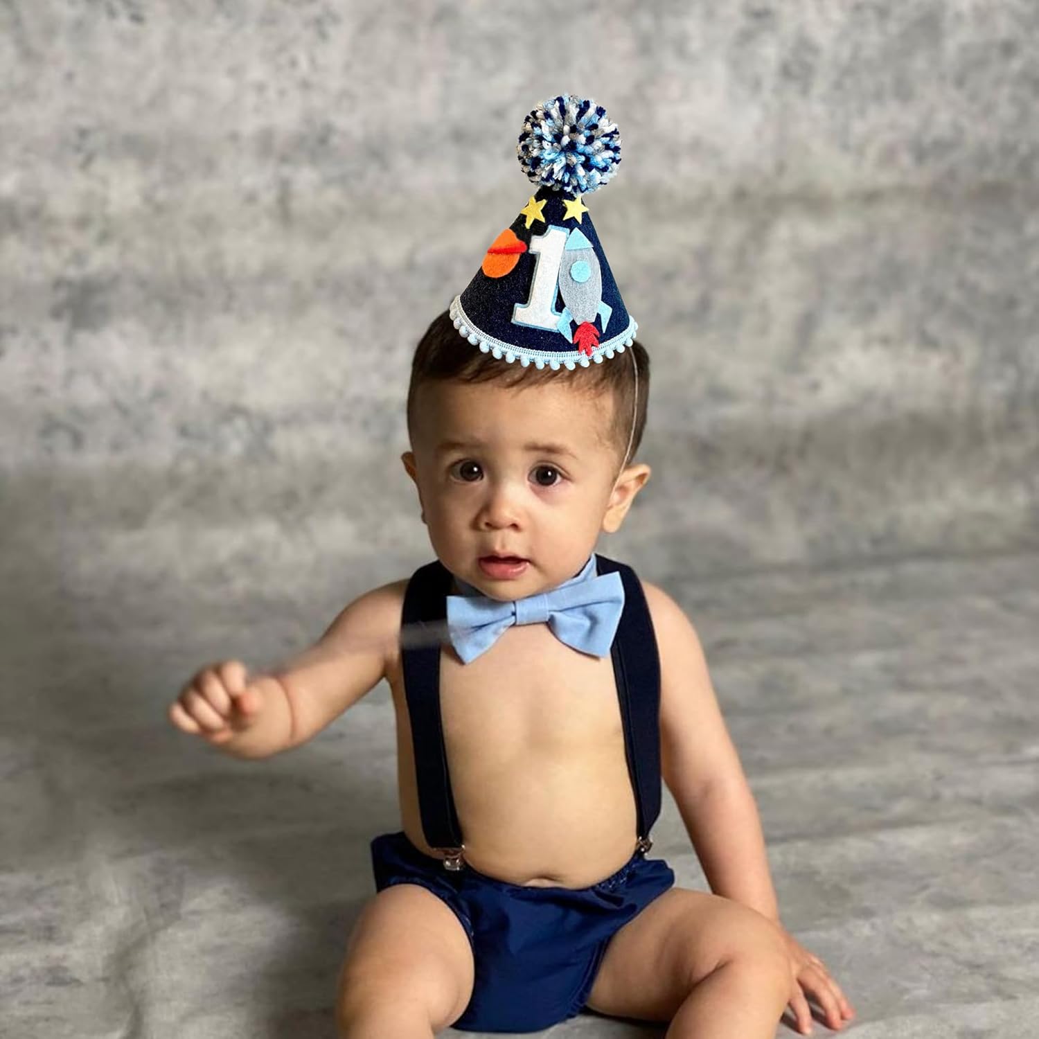 Outer Space First Birthday Hat Boy, Space Theme Party Decorations, Baby 1st Birthday Cone Hat with Rocket Design, One Year Old Party Crown for Cake Smash and Photo Props