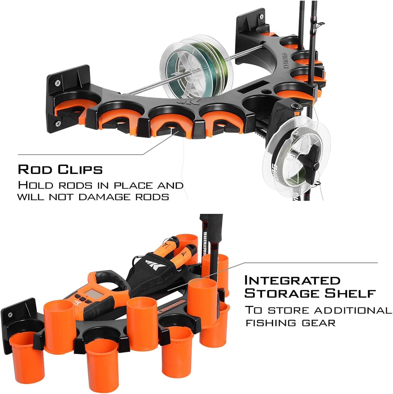KastKing V10 Rod Rack with Spooling Station, Wall Mounted Fishing Rod/Combo Rack, Holds 10 Combos, Line Spooling Tool for Spinning and Casting Reels (2pcs Line Boss Included)