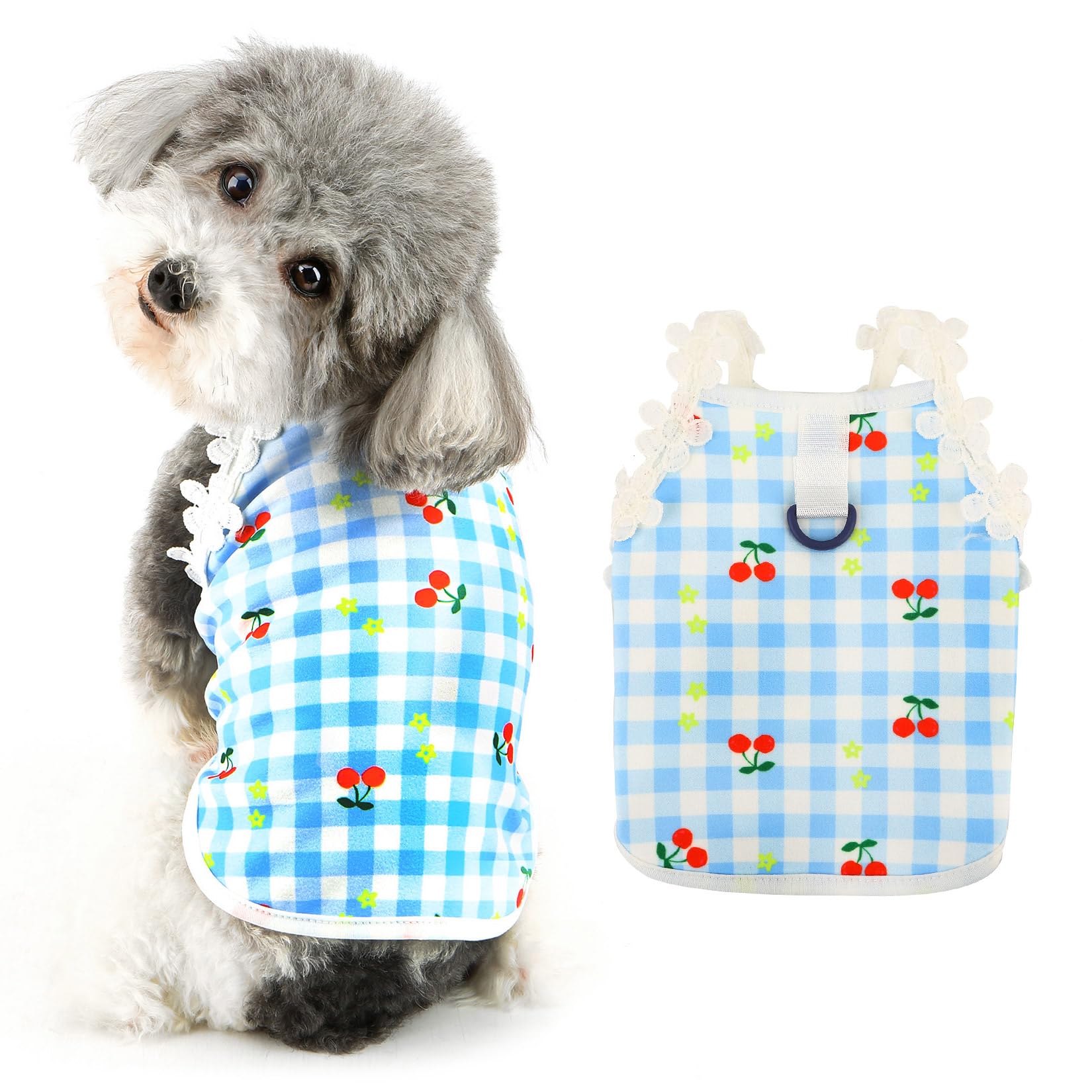 Ranphy Dog T-Shirt with Cherry pattern Pet Plaid Tee Dog Clothes for Small Dog Girl Boy Puppy Spring Summer Outfits with D-ring Chihuahua Yorkie Cats Apparel,Blue,XXL