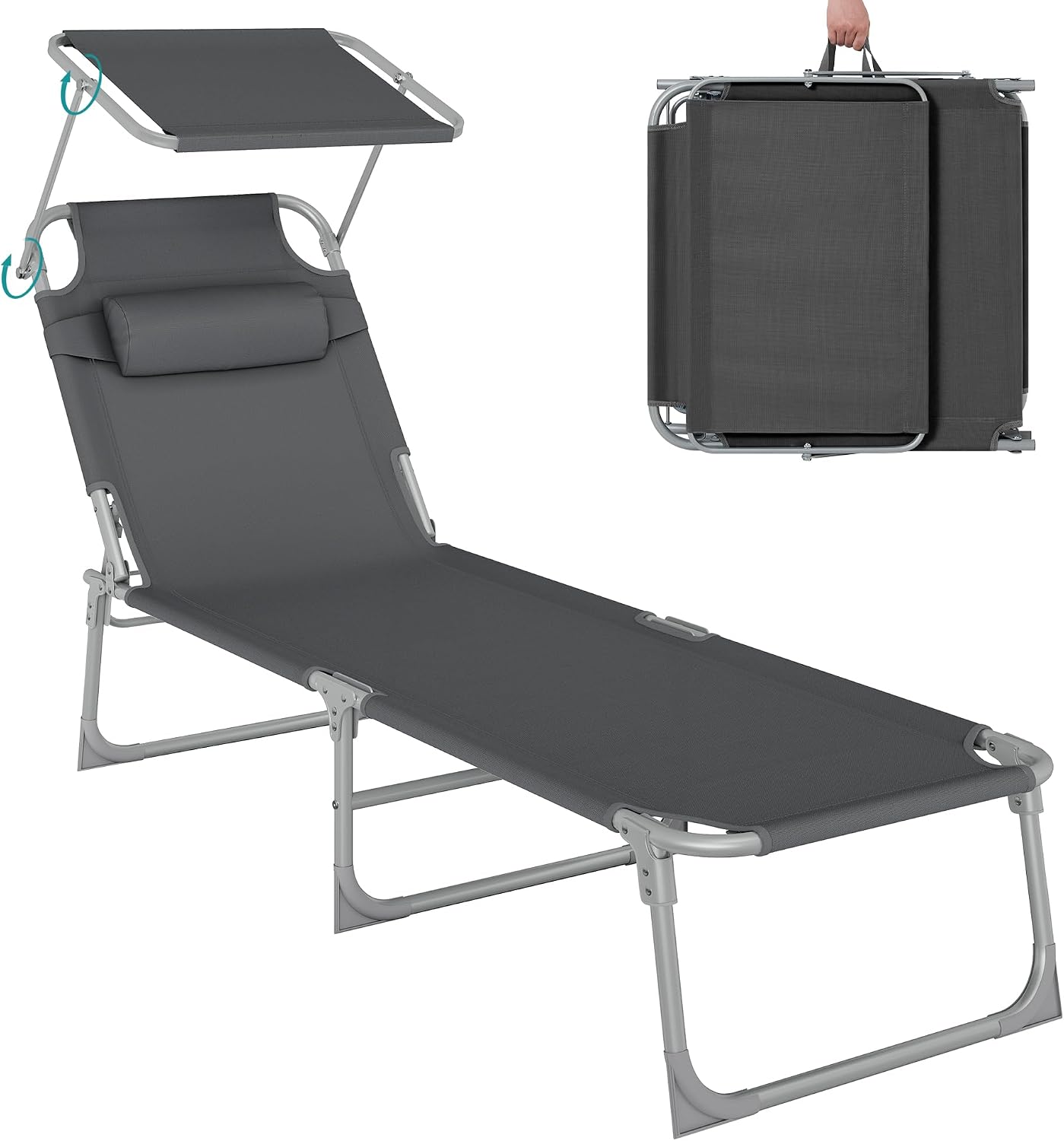 SONGMICS Tumbona, Tumbona Reclinable, 193 x 53 x 29 cm,Carga de 150 kg, con Reposacabezas de Protección Solar y Respaldo Reclinable, para Terraza, Piscina, Jardín, Gris Oscuro GCB19UV1
