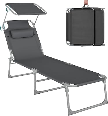 SONGMICS Tumbona, Tumbona Reclinable, 193 x 53 x 29 cm,Carga de 150 kg, con Reposacabezas de Protección Solar y Respaldo Reclinable, para Terraza, Piscina, Jardín, Gris Oscuro GCB19UV1