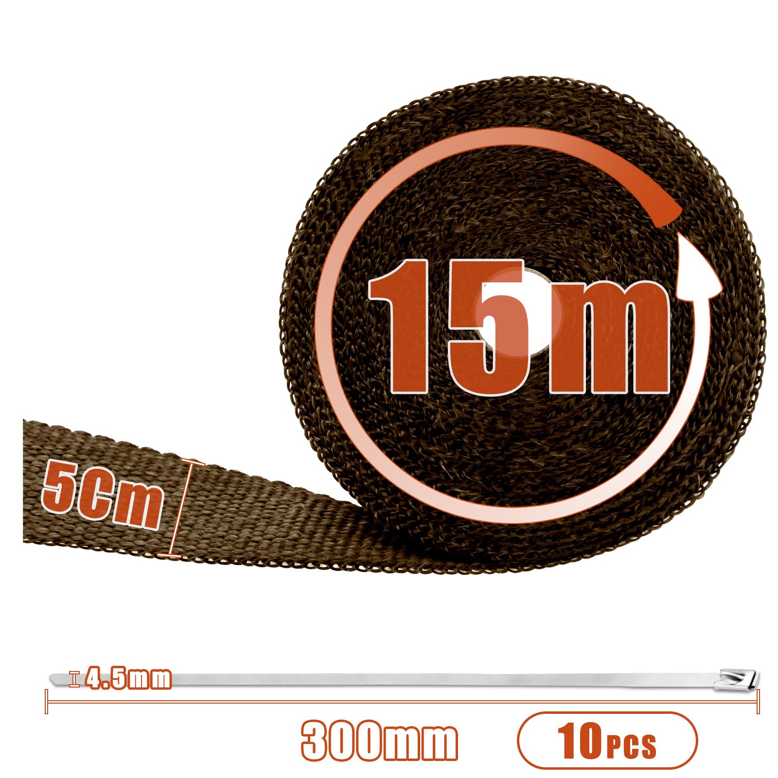 Benda Termica Moto 15M,Benda Termica per Scarico Marmitta,Nastro Isolante Marmitta Band,con 10 fascette in acciaio inox,Protezione Calore Nastro,per Vano Motore Tubi di Scarico (Basalto)