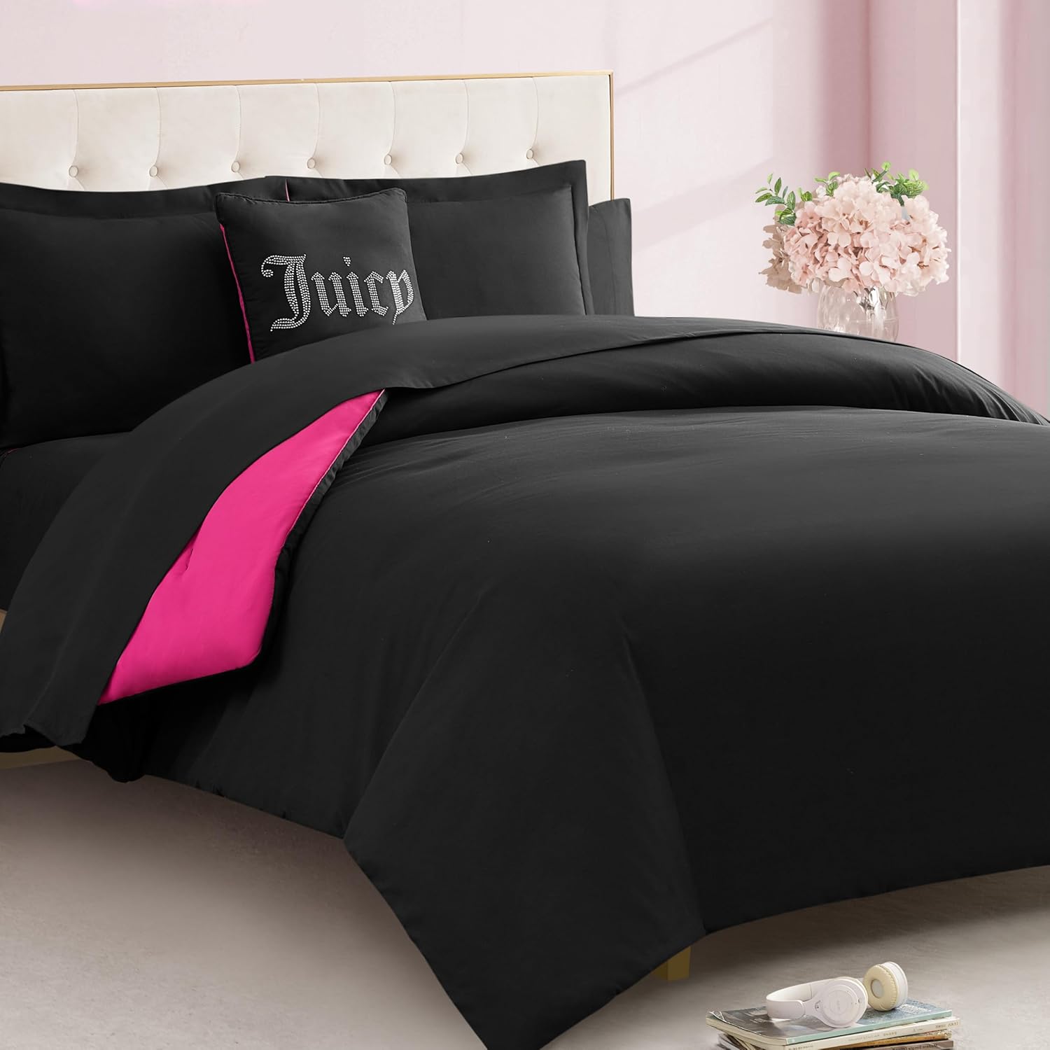 Juicy Couture Alexis Reversible Comforter Set, Queen Bed in a Bag – Black/Hot Pink, 8-Piece Bedding Collection