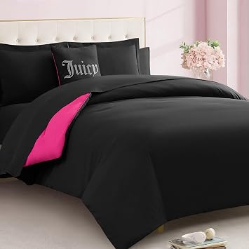 Juicy Couture Alexis Reversible Comforter Set, Twin Bed in a Bag Black/Hot Pink, 6-Piece Bedding Collection