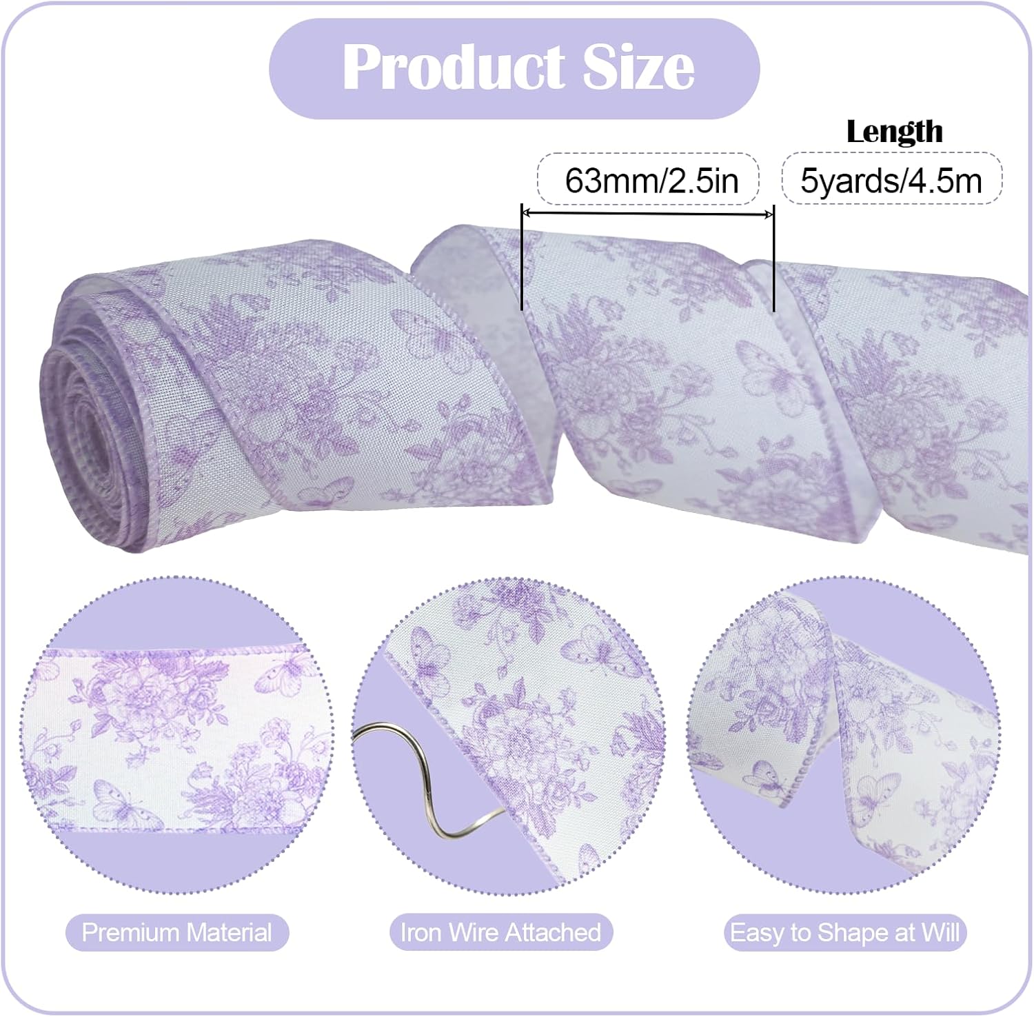 Purple Floral Wired Ribbon 2.5in 5 Yards image 2