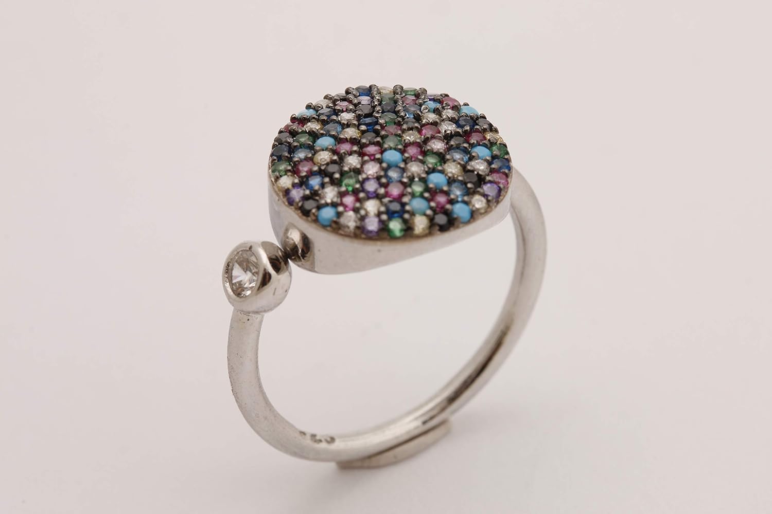 Special Design! Turkish Handmade Jewelry Round Shape Pink Ruby Emerald Sapphire Amethyst Black Onyx Turquoise and Round Cut White Topaz Rhodium 925 Sterling Silver Ring Adjustable Size