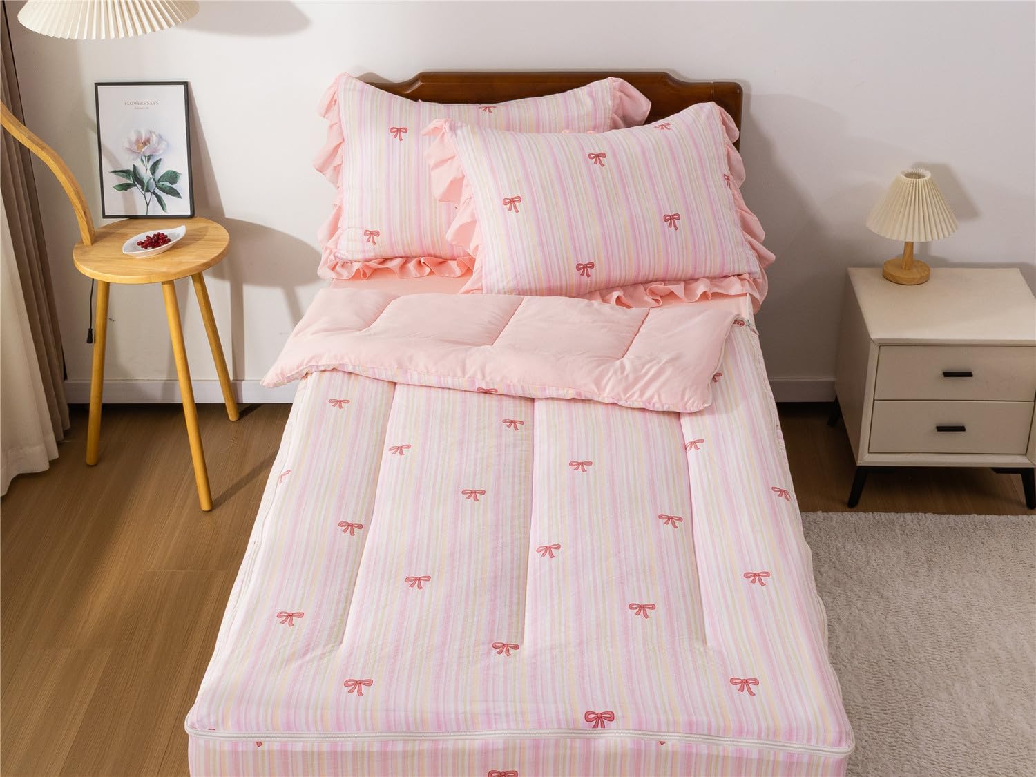 NTBED Rainbow Bow Printed Zipper Bedding Sets Twin for Kids Girls Lightweight Microfiber Stripe Comforter Set with Fitted Sheet Pillow Covers