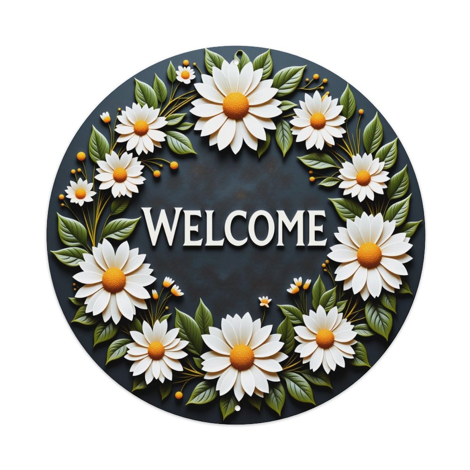 Daisy Wreath Welcome Sign Pattern Round Tin Sign Vintage Style Metal Sign Home Bar Garden Wall Plaque Decor Metal Poster 8x8 Inch