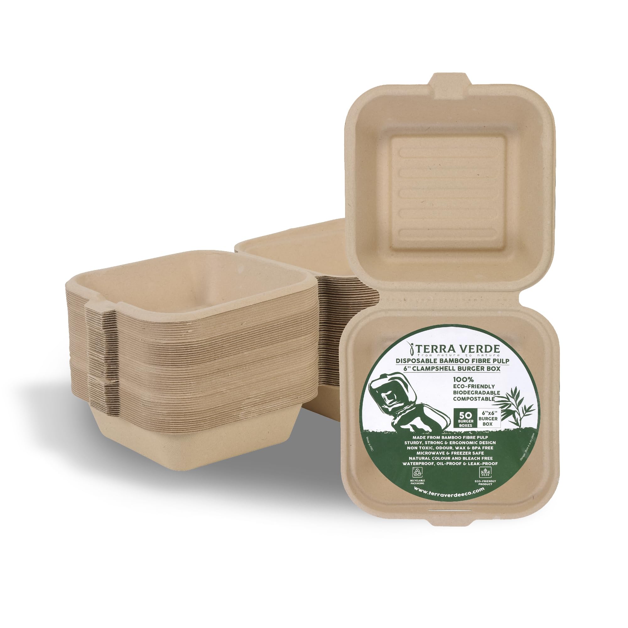 Terra Verde 6x6" Disposable Bamboo Fibre Burger Boxes – Pack of 50 | Unbleached Natural Brown Clamshell | Compostable, Eco-Friendly & Sturdy Takeaway Containers for Hot & Cold Food, Salad, Pastry