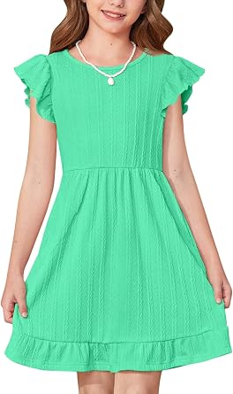BesserBay Girls Summer Ruffle Dress Flutter Sleeve Casual Ribbed Dresses Elastic Waist with Pockets 5-14 Years