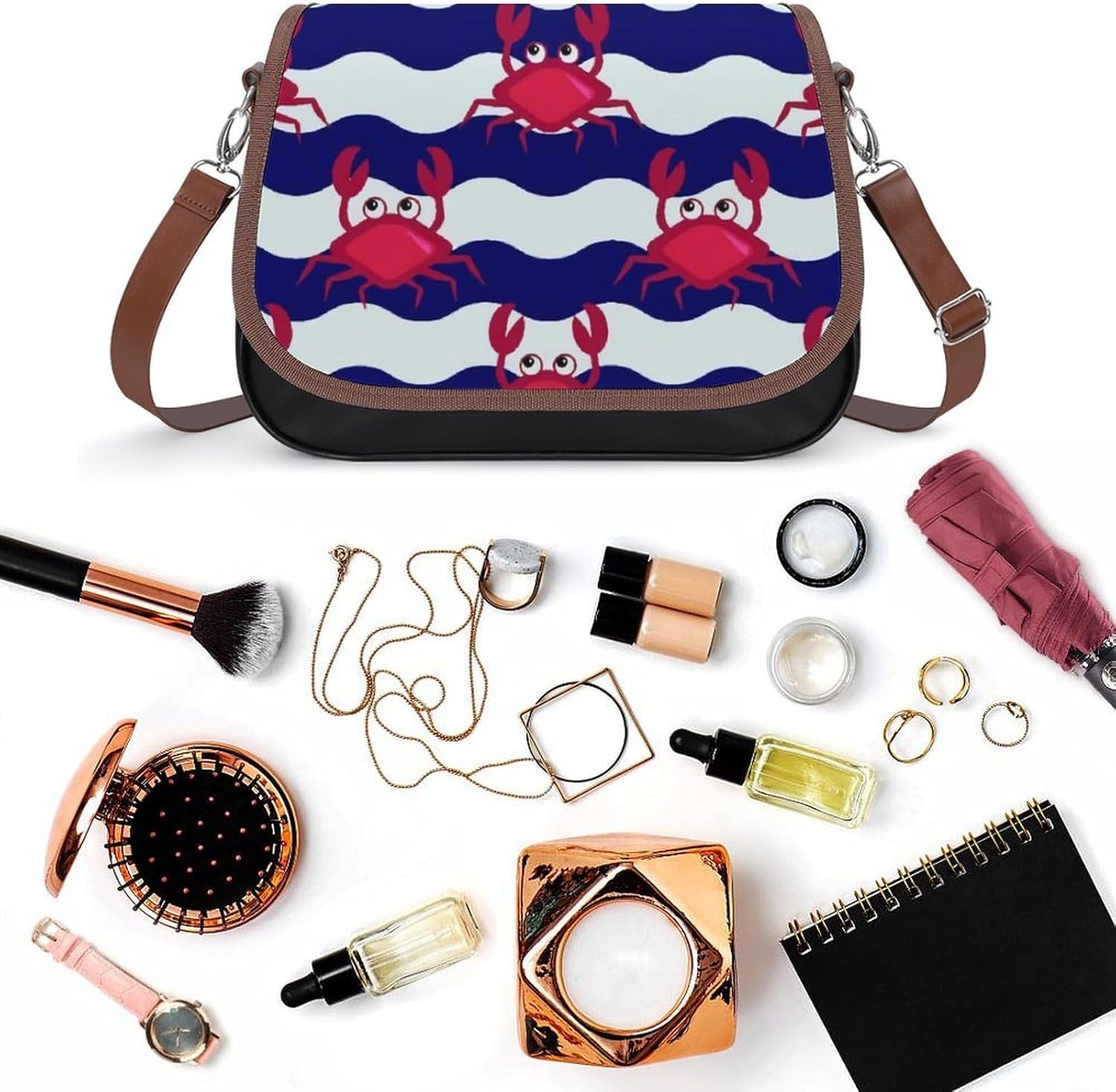 Crab on The WavesWomen's Faux Leather Crossbody Bag, Waterproof Wrinkle-Resistant Shoulder Bag with Detachable Strap, Large Capacity Casual Handbag, Fashion Daily Purse for Shopping Work Dating, Ideal