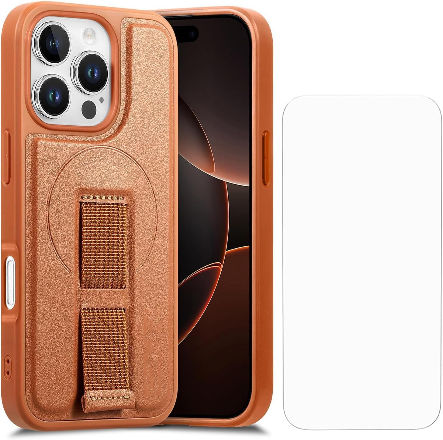 Magnetic For iPhone 16 Case with Strap, With Screen Protector, Compatible with MagSafe, Wristband Anti-Drop, PU Leather Back (Brown, For iPhone 16)