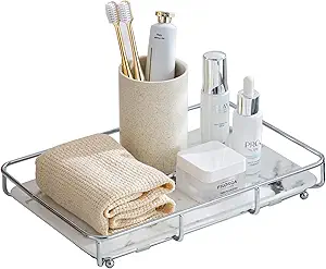 Vanity Tray Makeup Organizer Cosmetics Storage Bathroom Skincare Organizer Countertop Display Rack in Dresser Stainless Steel Shelf Marble Print Ceramic Trays