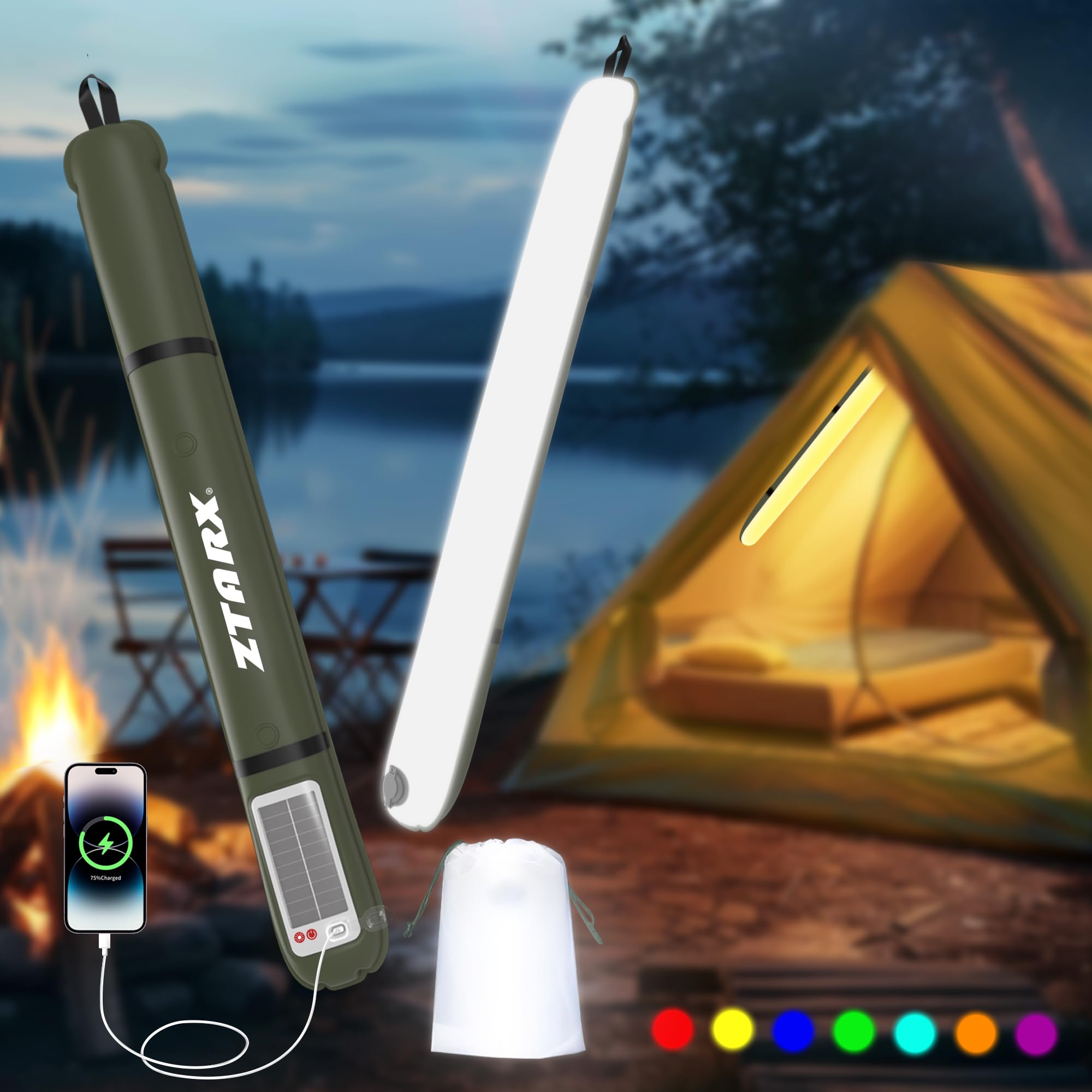 SELORSS X ZTARX Inflatable Solar RGB Camping Lights, Foldable LED Tube Light Stick, IP66 Waterproof Portable Outdoor USB Rechargeable Tent Lights 4000mAh Emergency, for Outside/Indoor/Decoration [Energy Class A]