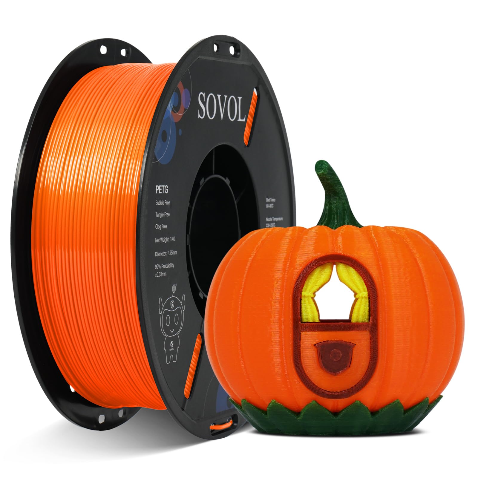 Sovol 3D-Drucker PETG-Filament 1,75 mm 1 kg (2,2 lbs), hohe Präzision, hohe Reißfestigkeit, feste Verdrahtung, Maßgenauigkeit +/- 0,03 mm, 3D-Druck-PETG-Filamente, Orange