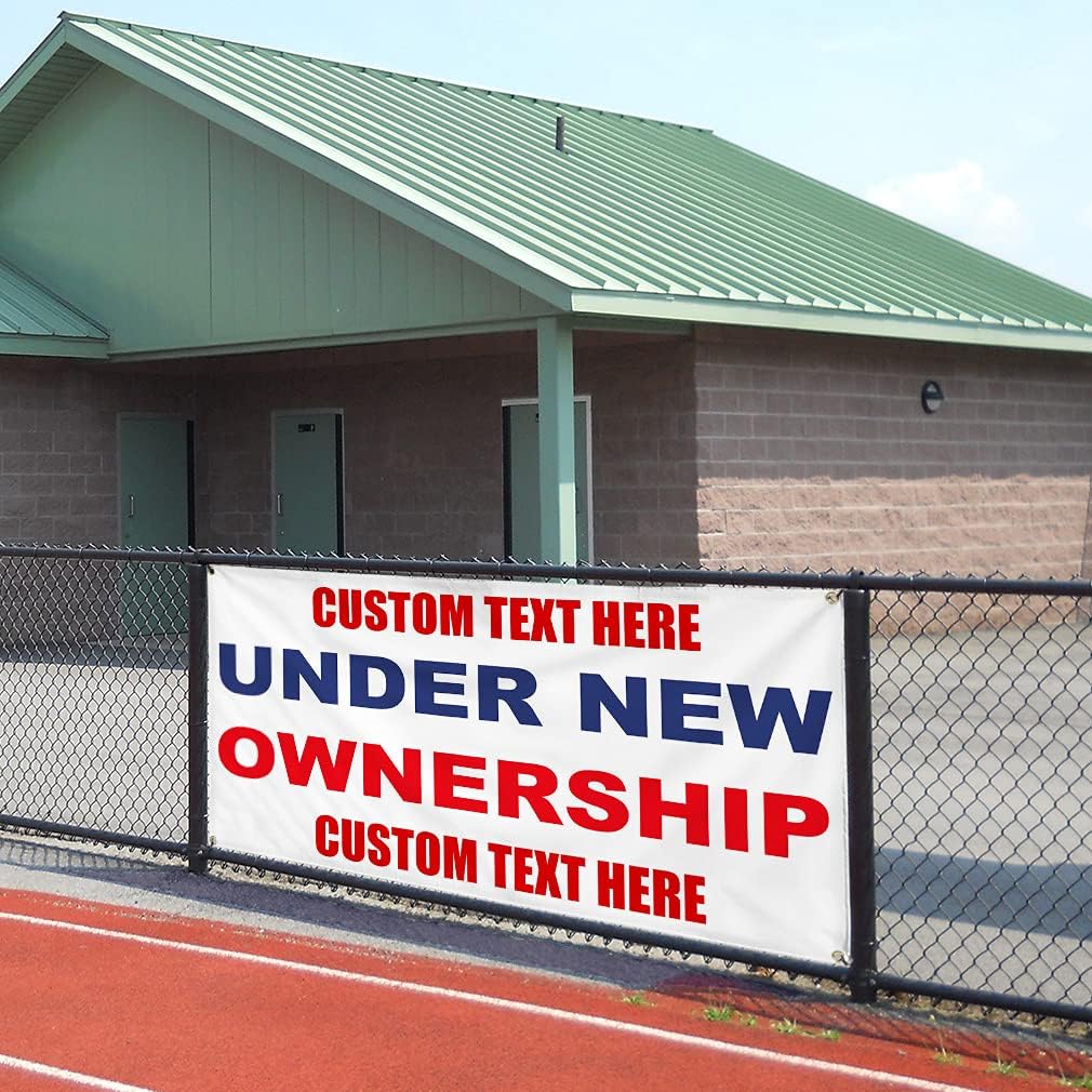 Custom Vinyl Banner Multiple Sizes Under New Ownership Blue Red Under New Ownership Outdoor Weatherproof Industrial Yard Signs 4 Grommets Personalized Text Here 24x36Inches