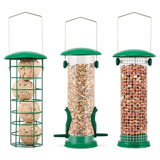 SA Products 3-Pack Metal Bird Feeder - Squirrel-Proof Hanging Bird Feeder Station for Garden, Backyard, Lawn - Set of Tube, Dense Mesh, Coarse Mesh Wild Bird Feeders for Nuts, Seeds, Fat Balls - Green