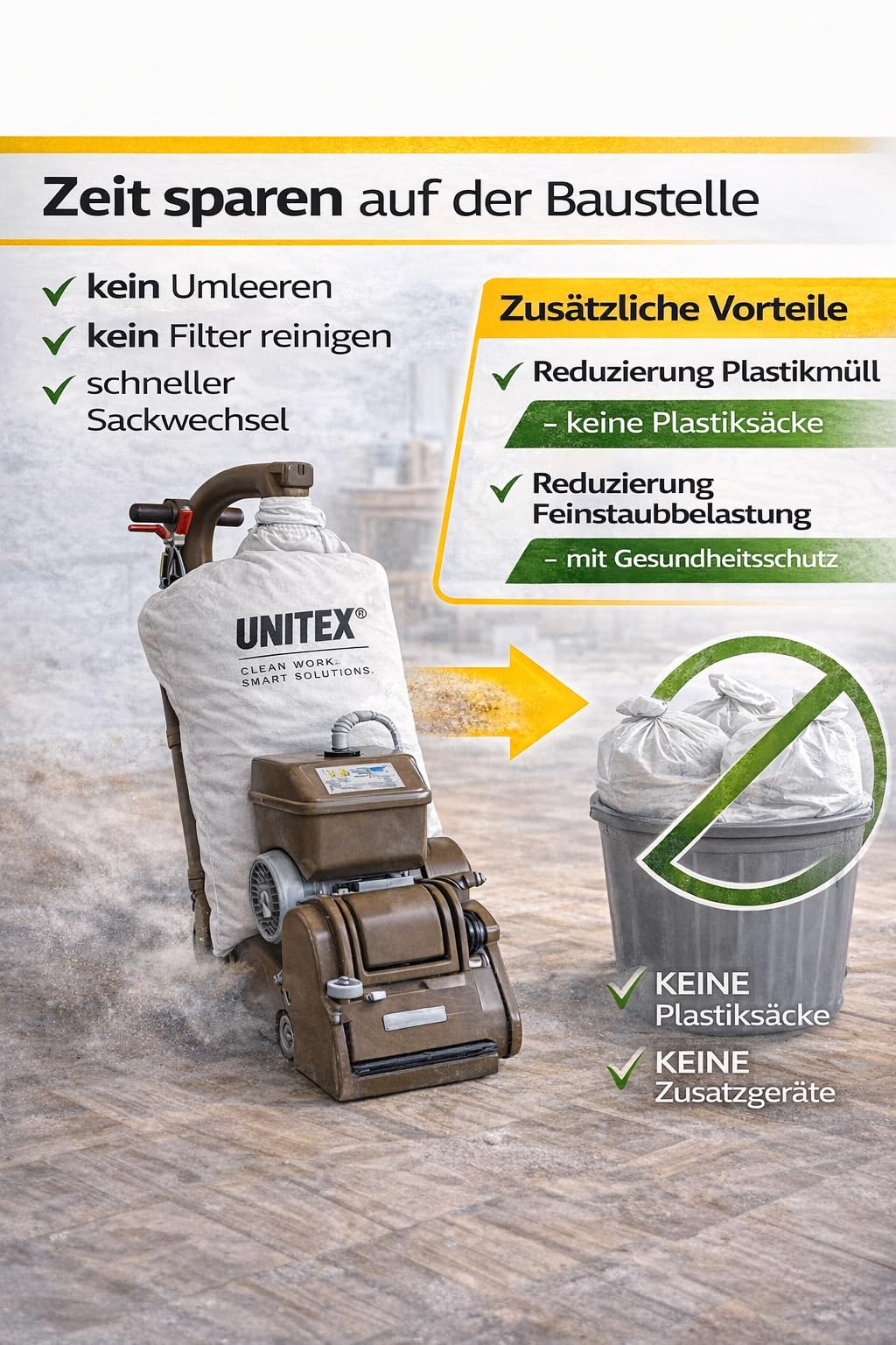 5x Staubsack & Filtersack 2-in-1 für Baustaubsauger & Parkettschleifer – TRGS 553 & BG Bau konform – Reißfester Einweg-Beutel für Lägler, Bona, Bosch, Kärcher WD, Industriesauger & Entstauber