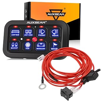 Auxbeam 8 Gang Switch Panel BB80, Universal Circuit Control Relay System Box+Auxbeam 6.6FT 20AWG Acc Electrical Wire w/5A ATC Inline Blade Fuse Holder & On/Off Switch