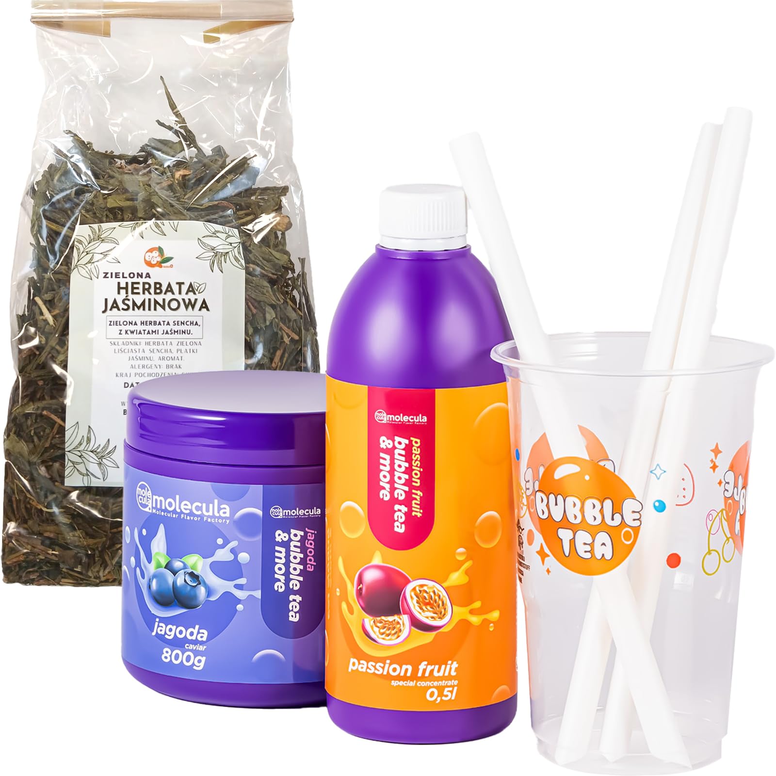 Bubble Tea Perlen Popping Boba | Bubble Tea Set - Blaubeerkugeln, Maracujasirup, Jasmintee, Tassen und Strohhalme