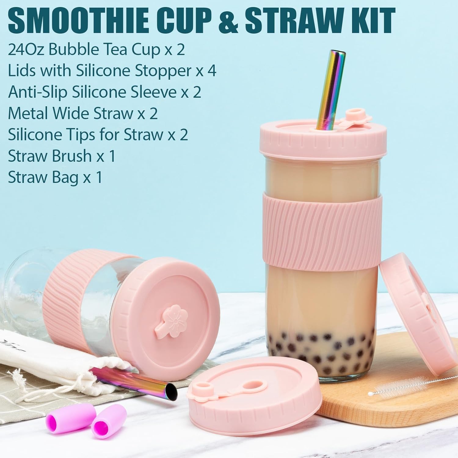 Reusable Glass Mason Jars Cups with Lids and Straws Silicone Sleeves, 2 Pack 24Oz Wide Mouth Smoothie Cups Glass Bubble Tea Cup Leakproof drinking glasses Travel Tumbler for Large Pearl Birthday Gifts - Image 6