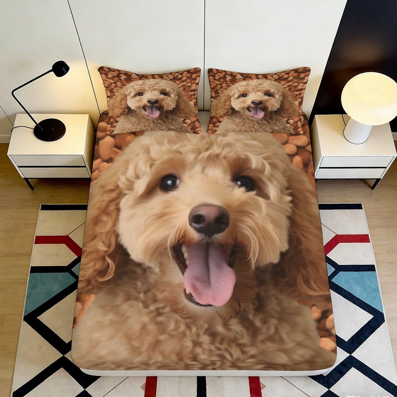 3D Printed Brown Poodle Fitted Sheet Microfiber Soft Breathable Dog Face Bed Cover for Bedroom Guest Room Decor 90x200x25cm