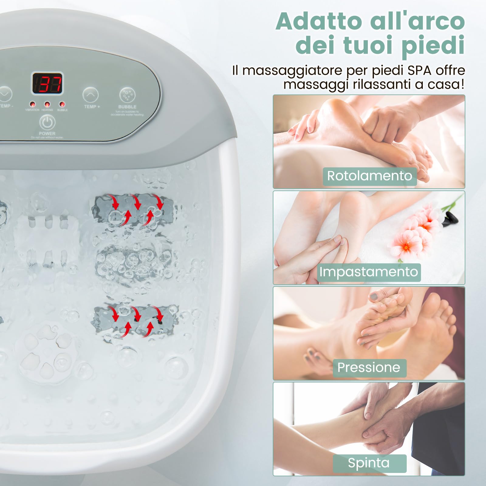 RELAX4LIFE Pediluvio Massaggiatore per Piedi con Rulli Massaggianti, Funzioni Riscaldamento 35℃-46℃, Vibrazioni, Bolle, Pietra Pedicure,Spenimento Automatico 1 Ora,Cavo 183cm,33x39x18cm (Grigio)