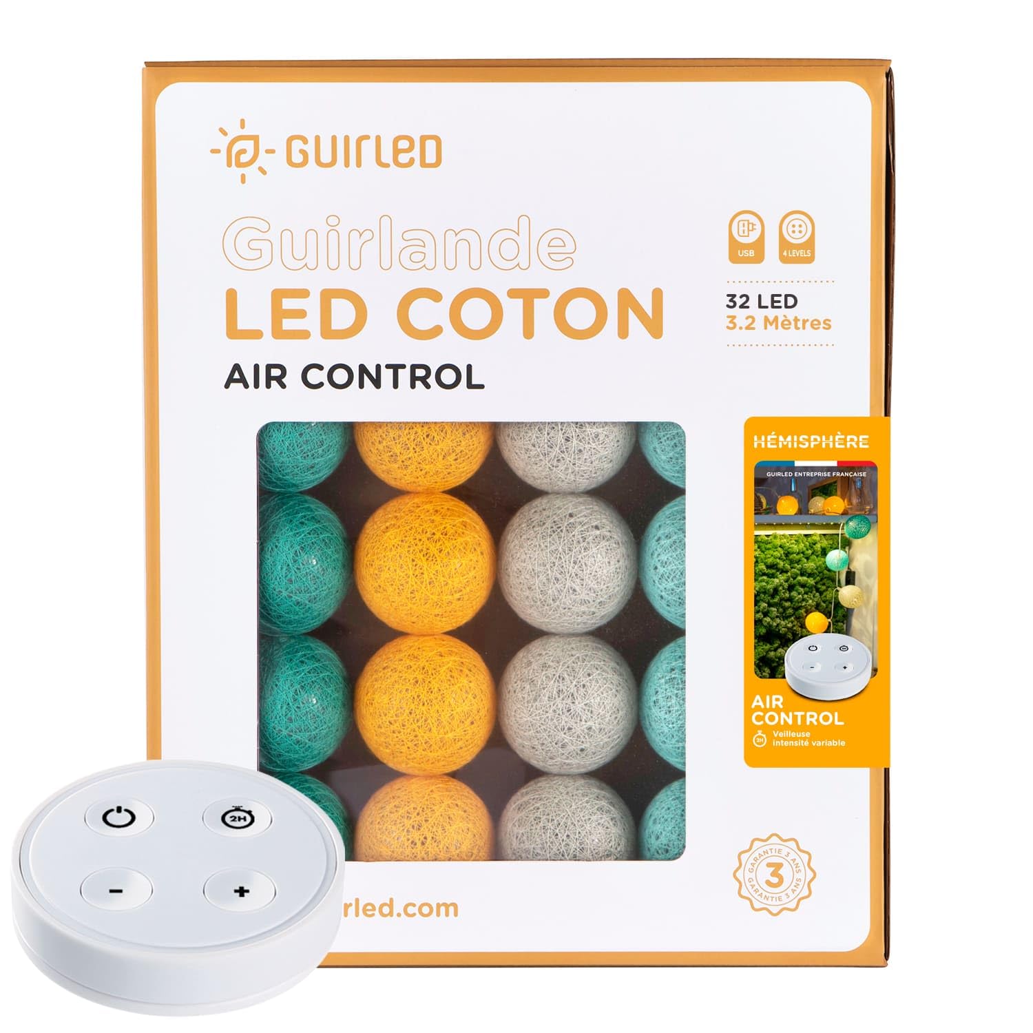 Ghirlanda luminoso a LED per batuffoli di cotone USB - Telecomando wireless - Luce notturna per bambini 2h - Adattatore di alimentazione doppio USB 2A incluso - 4 intensità - 32 sfere 4,8 m - Emisfero