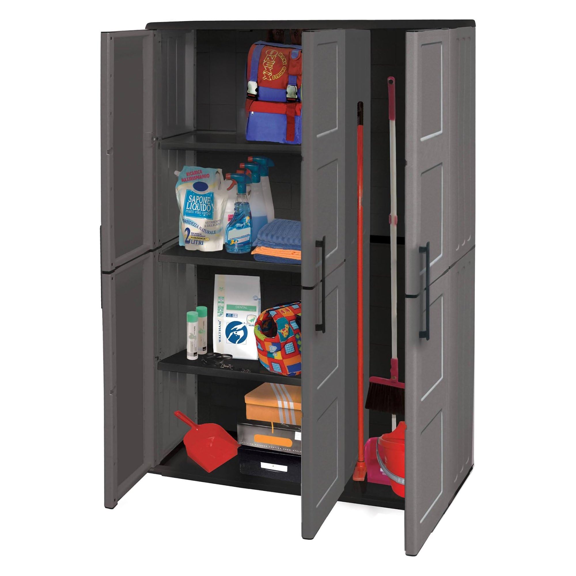 Dmora - Armoire d'extérieur Bilzen, Mobilier d'extérieur, Armoire de Balcon Polyvalente, 100% Made in Italy, Gris et Noir, Finition à Carreaux, 102x37h163 cm
