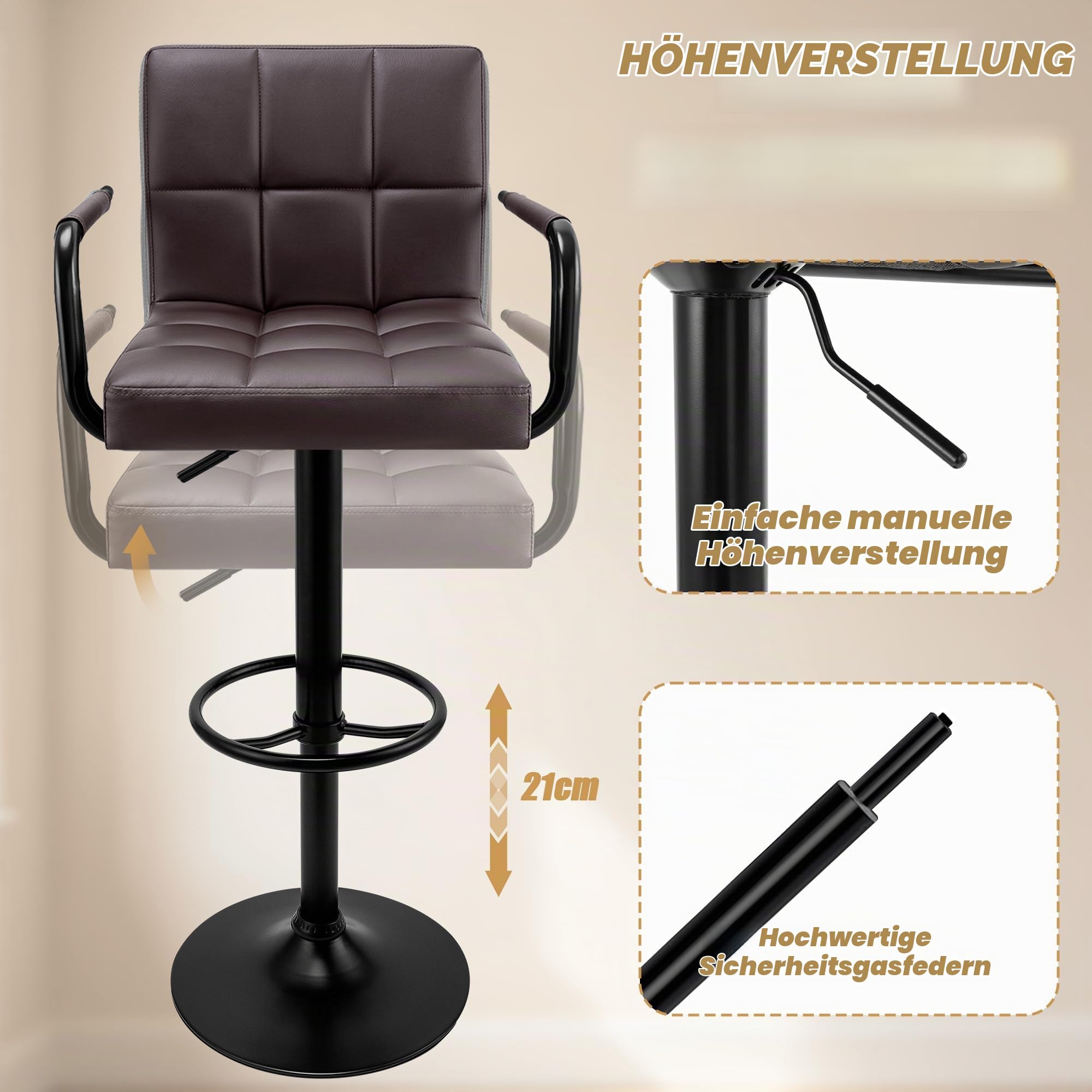 Verdego Barhocker 2er Set, Barstuhl Höhenverstellbar um 20cm, mit Armlehnen, Rückenlehne und Silber Fußstütze, Küchenhocker aus PU-Leder & Stahlgestell, 360°Drehstuhl, Bar Hocker (Braun)
