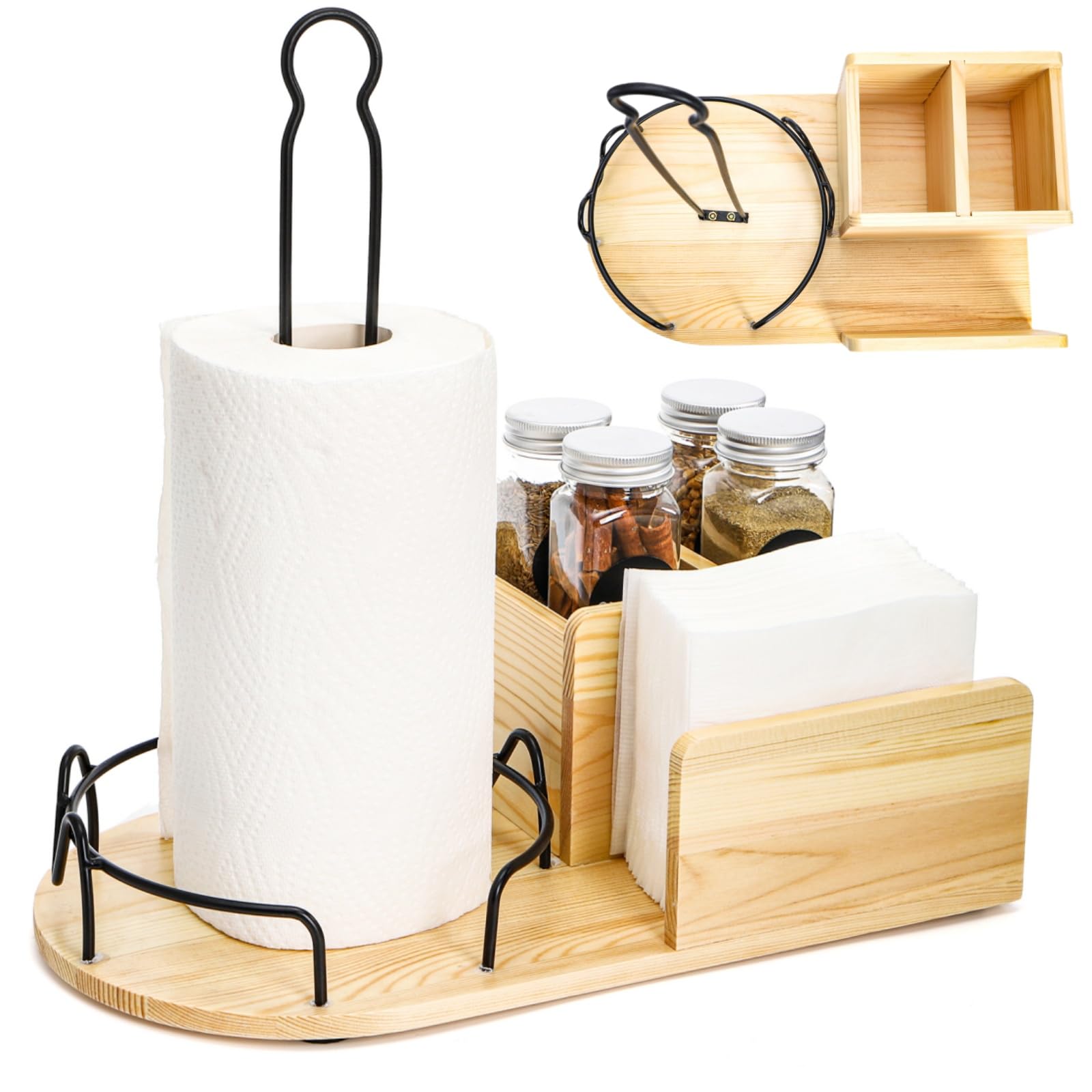 WRINGKIT Wood Paper Towel Stand, Towel Roll Napkin Holder Caddy with 2 Spice Compartments, Papertowel Holder for Kitchen Countertop with Heavy Duty