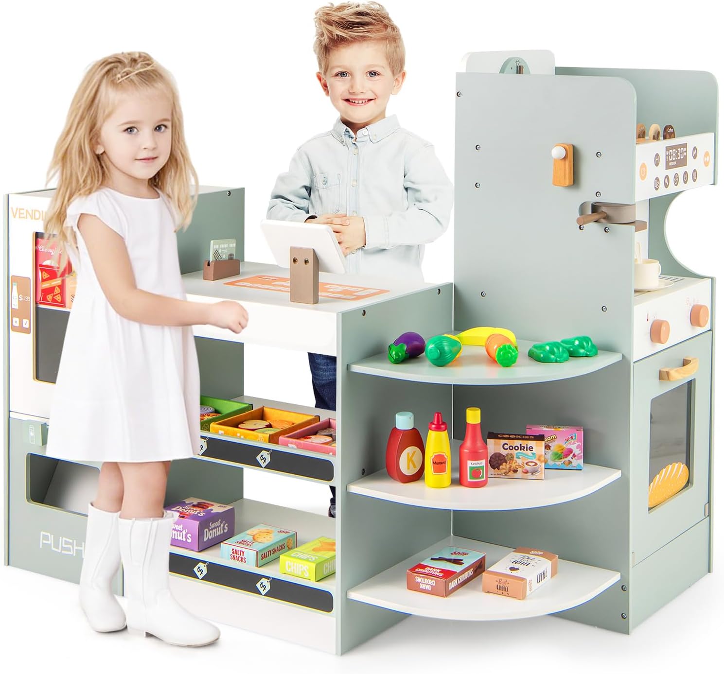 INFANS Grocery Store Playset, Kids Play Store, Wooden Supermarket Playset with Cash Register, Coffee Machine Vending Machine, Play Food Accessories, Pretend Play Store Gift for Toddler Boys Girls