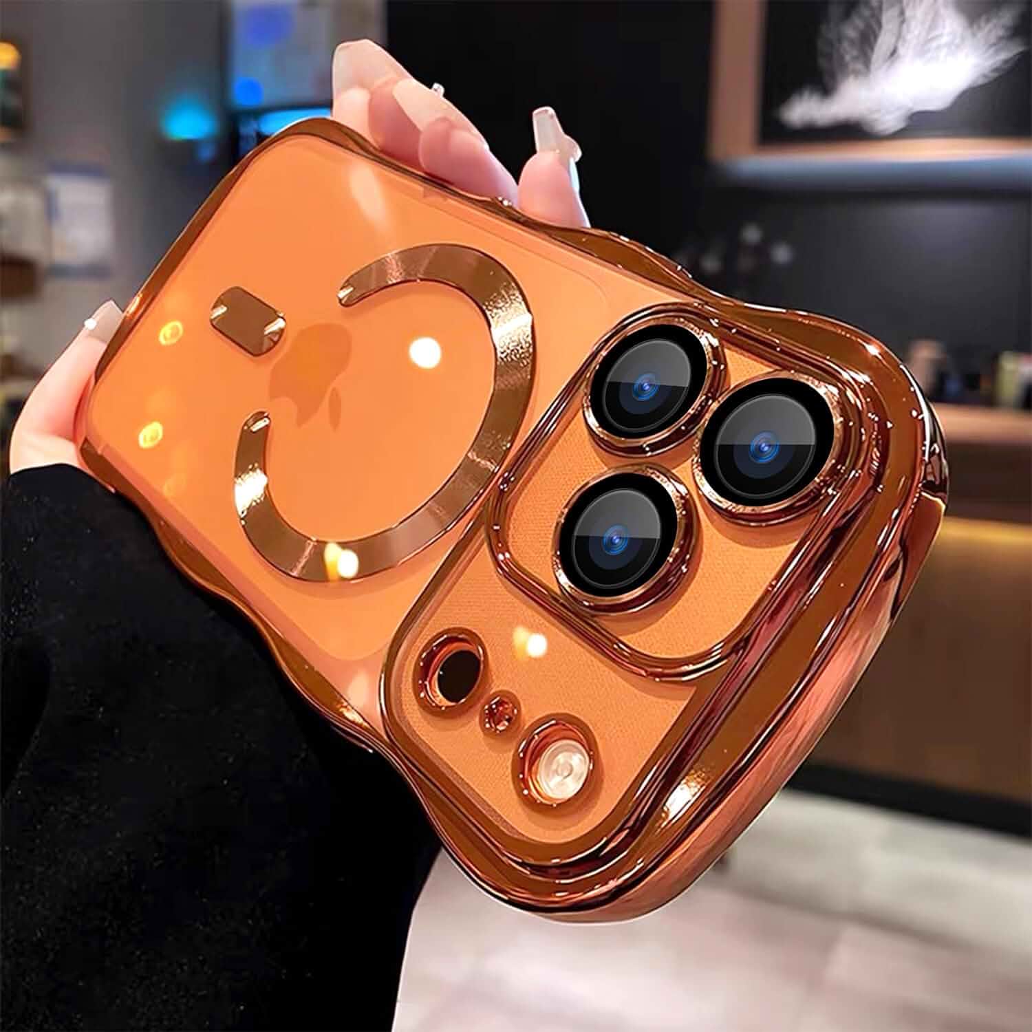 for iPhone 17 pro max Case Clear Wavy Edge,Orange,Compatible with MagSafe, Built-in Camera Lens Protector Anti-Yellowing TPU Shockproof Phone Case for Women Men