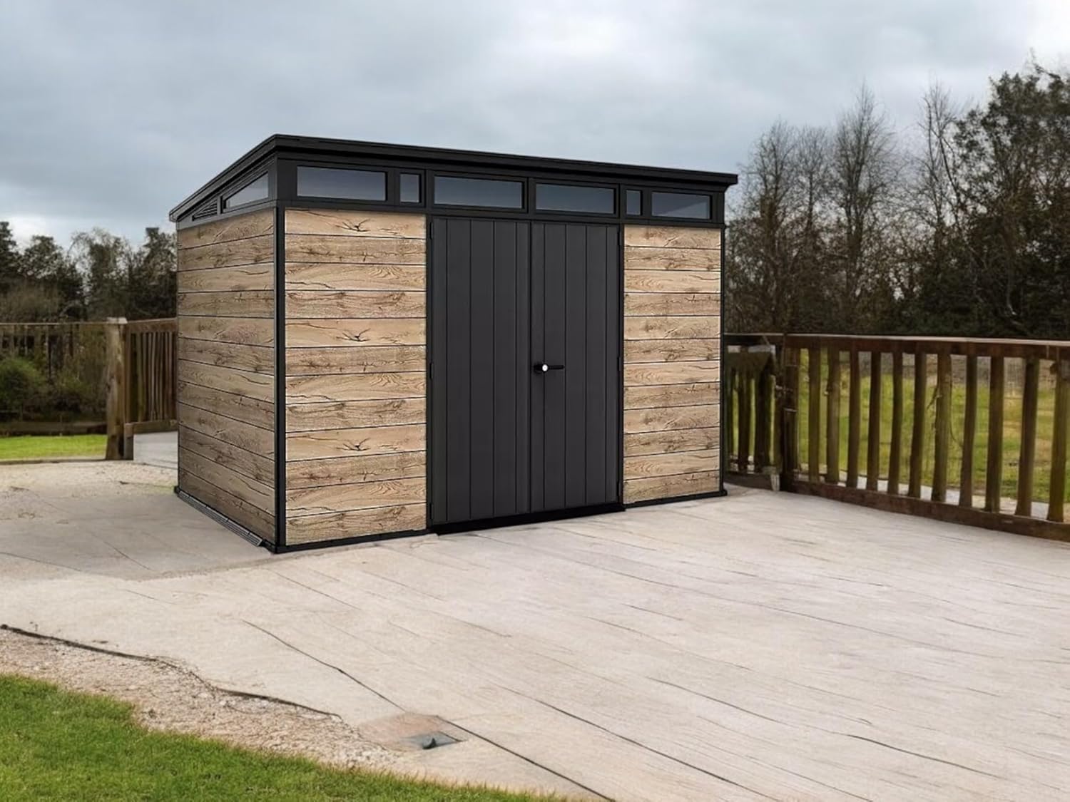Transform Your Outdoor Space with Our Premium Signature Collection Resin Storage Shed, Wooden Look, Black and Brown, (11' x 7')
