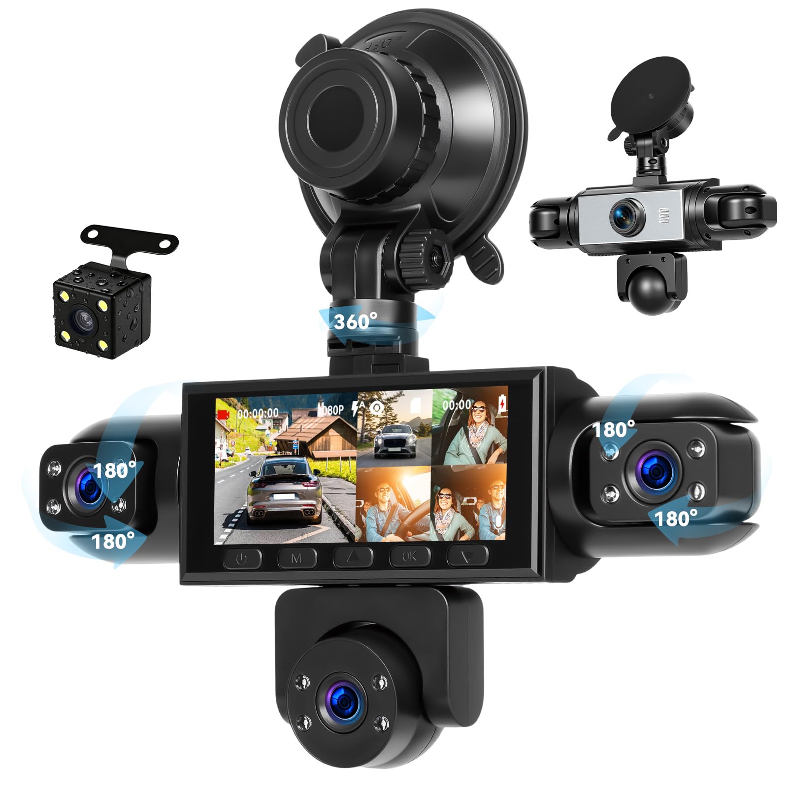 SIXTOP Dashcam con Display IPS da 3,16", 5 Telecamere, 1080P Full HD, Visione Notturna, 360°, Grandangolo 150°, Registrazione in Loop
